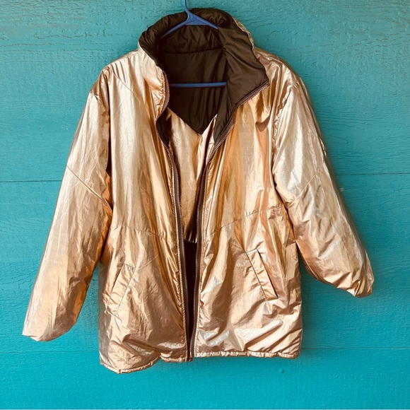 FREE PEOPLE Reversible Puffer Olive Green Metallic Rose Gold OVERSIZED - Picture 13 of 15